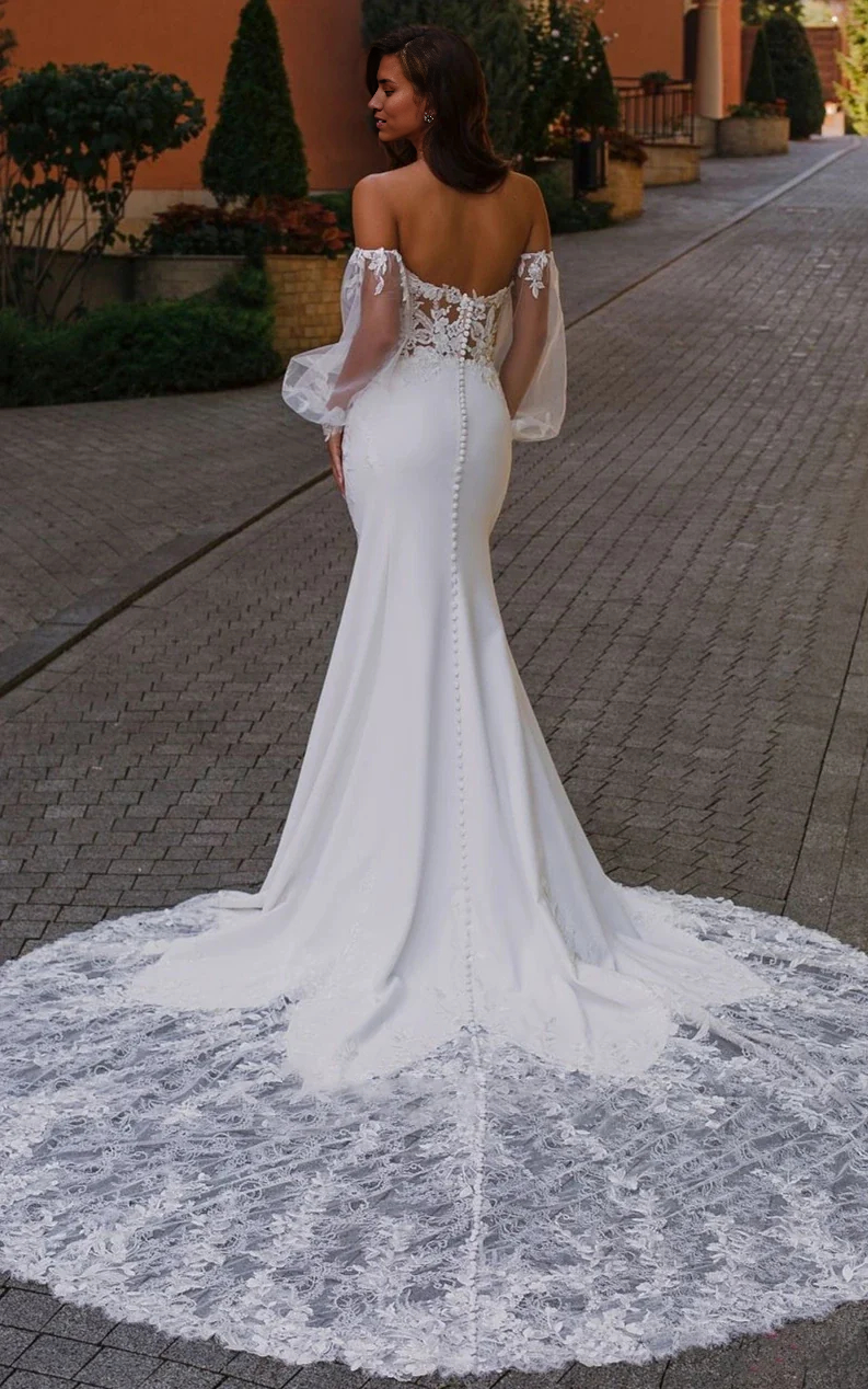 Wholesa Mermaid Appliques Plunging Neck Chiffon Tulle Wedding Dress